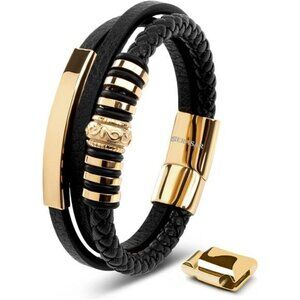 Mens Black Leather Bracelet Braided Stainless Steel Magnetic Clasp Gift